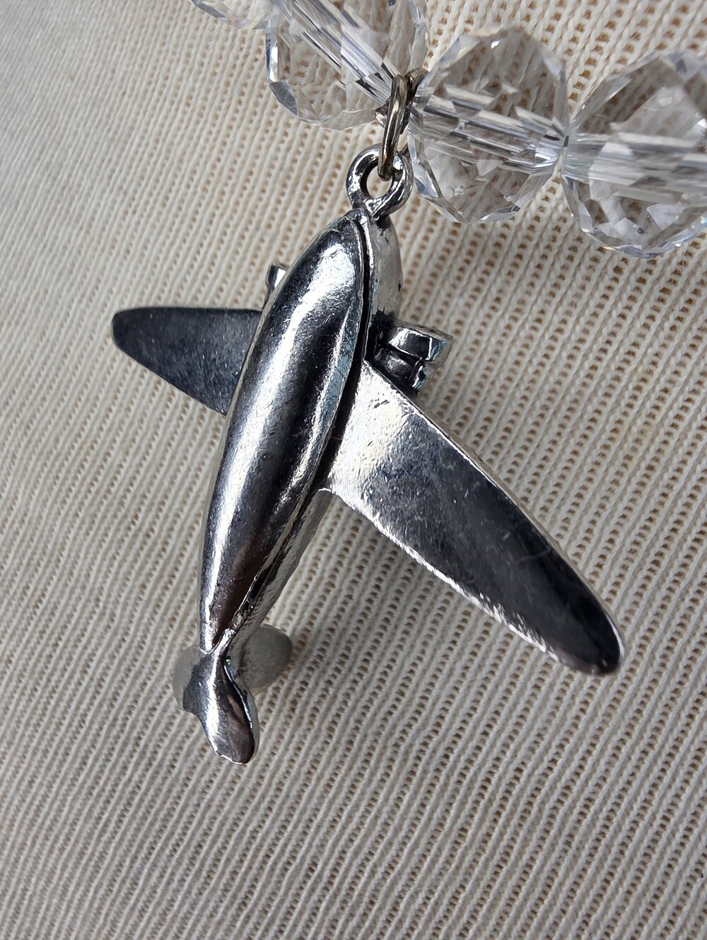 Silver Airplane Pendant Necklace with Clear Beads - Unisex Jewelry - Picture 4 of 14